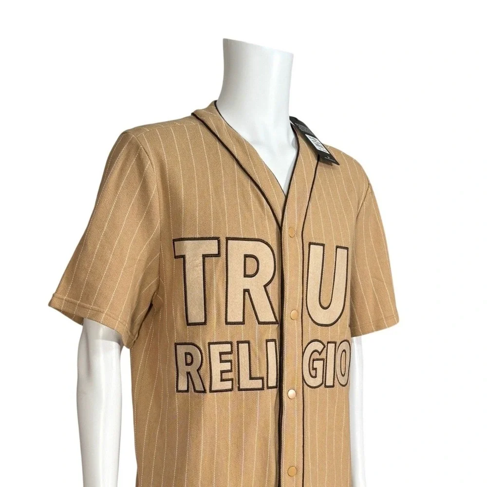 True‎ Religion Mens Baseball Jersey Tan Stripe Short Sleeve Button Up Size M NWT